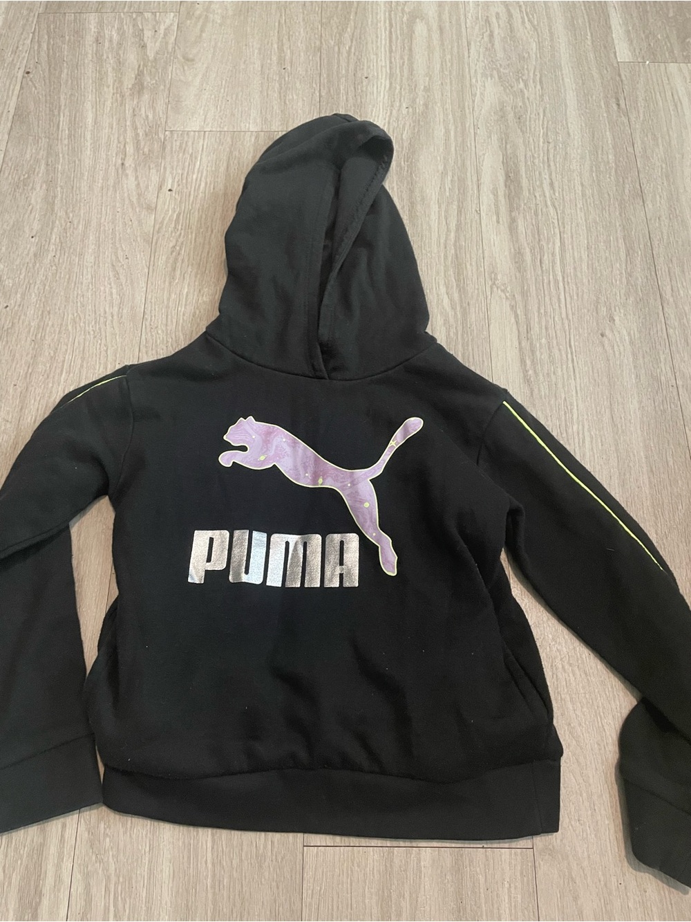 Puma Black Hoodie with Iridescent Purple Logo and Neon Stripe